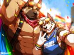  2boys abs absurdres arm_behind_head armpits backpack bag bara bare_pectorals brown_fur celebration confetti dog_boy drks expressionless flag furry furry_male grin highres holding holding_flag hood hood_down hoodie large_pectorals lgbt_pride long_hair looking_at_viewer male_focus merchandise multiple_boys muscular muscular_male nipple_slip nipples one_eye_closed original pectorals ponytail pride_month rainbow_flag rainbow_flag_tattoo scarf short_hair sidepec sleeveless sleeveless_hoodie smile stomach upper_body v 