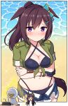  1girl 1other ^^^ agnes_tachyon_(lunatic_lab)_(umamusume) agnes_tachyon_(umamusume) agnes_tachyon_(umamusume)_(cosplay) animal_ears arms_under_breasts beach bikini bikini_under_clothes black_bikini blue_bow blue_shorts blush bow breasts brown_hair cleavage closed_mouth collared_shirt commentary_request cosplay cowboy_shot criss-cross_halter crossed_arms denim denim_shorts drawing_tablet ear_bow ear_ornament ears_down embarrassed green_shirt hair_between_eyes hair_ornament hairclip halterneck highres horse_ears horse_girl horse_tail long_hair looking_at_viewer medium_breasts mejiro_dober_(umamusume) navel o_o open_clothes open_fly open_mouth open_shorts ponytail purple_eyes sand shirt shorts sleeves_rolled_up swimsuit t-head_trainer tail takiki tied_shirt torn_clothes torn_shorts trainer_(umamusume) umamusume water 