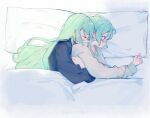  2girls aqua_hair bang_dream! bed_sheet blue_shirt closed_eyes green_eyes hikawa_hina hikawa_sayo hug incest long_hair medium_hair milk_puppy multiple_girls pillow shirt siblings sisters sleeping twincest twins twitter_username under_covers waking_up watermark white_shirt yuri 