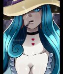  1girl aqua_eyes aqua_hair artist_name charlotte_amande choker cigarette earrings hat hat_over_one_eye heart heart_tattoo highres jewelry long_hair melonciutus necklace one_piece open_mouth pale_skin rain smoke smoking solo tattoo 