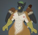  5_fingers abs anthro areola avian axelferdinan beak beholdervee black_body black_feathers black_fur blue_eyes breasts brown_body brown_feathers brown_fur chest_tuft digital_media_(artwork) eyebrows fan_character feathered_wings feathers female fingers fur green_body green_feathers gryphon half-closed_eyes hasbro hi_res humanoid_hands long_tail multicolored_body multicolored_feathers multicolored_fur multicolored_wings muscular muscular_anthro muscular_female my_little_pony mythological_avian mythology narrowed_eyes nipples smile solo standing tail talons thick_thighs tuft wide_hips wings 