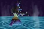 2023 anthro bathing biped black_body black_fur blacktail_(doesnotexist) blue_body blue_fur butt cleaning cleaning_rag dated digital_media_(artwork) dipstick_ears doesnotexist fur generation_4_pokemon hi_res long_ears lucario male multicolored_ears nintendo pokemon pokemon_(species) rear_view red_eyes signature solo steam subscribestar tan_body tan_fur thick_thighs water watermark 