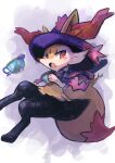  1girl animal_ear_fluff animal_ears animal_feet animal_hands animal_nose artist_name black_fur blush body_fur border braixen capelet clothed_pokemon commentary cosplay cup drink ears_through_headwear english_commentary feet floating fox_ears fox_girl fox_tail full_body furry furry_female hands_up hat highres holding holding_cup holding_drink ikei legs light_blush looking_at_viewer mismagius mismagius_(cosplay) multicolored_fur open_mouth outside_border pink_trim pokemon pokemon_(creature) purple_background purple_capelet purple_headwear red_eyes signature simple_background sinistea snout solo_focus tail teacup white_border white_fur witch_hat yellow_fur 