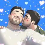  2boys bara beard_stubble closed_eyes couple glasses hand_on_another&#039;s_shoulder happy heart heart_background highres kiss kissing_cheek large_pectorals layered_shirt loving_aura male_focus mature_male multiple_boys mustache_stubble original pectorals round_eyewear shirt short_hair sideburns stro_very thick_eyebrows u_u upper_body yaoi 