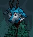  absurd_res anthro blood blue_body bodily_fluids dark dark_forest death decapitation deer gore hi_res kolkolukija male mammal night red_eyes solo 