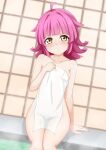  1girl absurdres ahoge arm_support bathing blunt_bangs blunt_ends blush breasts collarbone commentary_request expressionless hand_up head_tilt highres holding holding_towel indoors kinnikku looking_at_viewer love_live! love_live!_nijigasaki_high_school_idol_club naked_towel pink_hair short_hair sidelocks sitting small_breasts solo steam tennouji_rina thighs tile_wall tiles towel water white_towel yellow_eyes 
