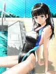  1girl arm_support black_hair black_one-piece_swimsuit blue_eyes blue_sky blunt_bangs breasts chain-link_fence chiga_akira commentary_request competition_swimsuit day fence highleg highleg_swimsuit leaning_back long_hair medium_breasts one-piece_swimsuit original outdoors poolside sitting sky smile solo swimsuit two-tone_swimsuit wet wet_clothes wet_swimsuit 