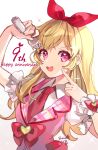  1girl :d aikatsu! aikatsu!_(series) anniversary blonde_hair bow collared_shirt commentary_request finger_to_face hair_bow highres holding holding_microphone hoshimiya_ichigo long_hair looking_at_viewer microphone necktie open_mouth pink_vest puffy_short_sleeves puffy_sleeves puracotte red_bow red_eyes red_necktie shirt short_sleeves signature smile solo sparkle teeth upper_body upper_teeth_only v-shaped_eyebrows vest white_background white_shirt wrist_cuffs 