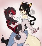  &lt;3 anthro black_body black_fur black_hair bottomwear canid canine canis carrying_another carrying_partner clothing crossed_legs denim denim_clothing domestic_cat domestic_dog duo fangs felid feline felis flannel_shirt fur girly hair half-closed_eyes highlights_(coloring) jeans long_hair male mammal moucchiato moucchiato_(character) narrowed_eyes open_mouth open_smile pants pawpads paws pink_pawpads red_highlights shirt simple_background smile t-shirt tan_body tan_fur teeth thong topwear underwear white_background white_body white_fur 