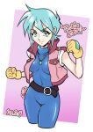  1girl allenby_beardsley belt blue_bodysuit blue_hair bodysuit breasts clenched_hands commentary covered_navel g_gundam gloves green_eyes gundam highres impossible_bodysuit impossible_clothes jacket jewelry looking_at_viewer necklace saika_(pixiv43370196) short_hair skin_tight smile solo translation_request yellow_gloves 