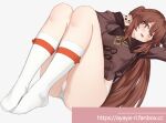  1girl arm_up ayaya_(ayaya_ri) blush breasts brown_eyes brown_hair brown_shirt collared_shirt commentary_request eyelashes fanbox_username feet full_body genshin_impact grey_background hair_between_eyes hand_up highres hu_tao_(genshin_impact) knees_up legs long_hair lying no_pants on_back open_mouth paid_reward_available panties shadow shirt simple_background socks solo sweatdrop symbol-shaped_pupils thighs toes underwear white_panties white_socks 