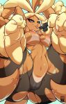  3_fingers 3_toes anthro areola artist_logo barefoot bayeuxman big_breasts black_sclera bottomwear breasts brown_body brown_fur butt claws clothed clothing digital_media_(artwork) feet female fingers fur generation_4_pokemon genitals half-closed_eyes hi_res lagomorph logo looking_at_viewer lopunny mammal mega_evolution mega_lopunny narrowed_eyes navel nintendo nipples pants pink_eyes pink_nipples pink_nose pokemon pokemon_(species) pussy simple_background smile solo suntan tail tan_line thick_thighs toe_claws toes tongue tongue_out topless torn_bottomwear torn_clothing torn_pants translucent translucent_clothing tuft 