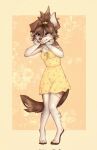  2023 anthro barefoot blep brown_body brown_fur brown_hair canid canine clothed clothing digital_media_(artwork) dress feet female full-length_portrait fully_clothed fur hair hi_res mammal portrait solo standing tongue tongue_out white_body white_fur yellow_clothing yellow_dress yshanii 