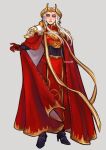  1girl armor armored_boots armored_dress artist_name boots breastplate edelgard_von_hresvelg fire_emblem fire_emblem:_three_houses full_body grey_background high_heel_boots high_heels parted_lips purple_eyes sethkiel simple_background solo standing teeth white_hair 