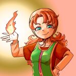  1girl begilt blue_eyes closed_mouth collarbone curly_hair dragon_quest dragon_quest_vii dress fire highres hood long_hair looking_at_viewer magic maribel_(dq7) smile solo 