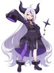  1girl :d black_dress black_footwear blush braid commentary_request demon_horns dress full_body grey_hair highres hololive horns la+_darknesss la+_darknesss_(1st_costume) long_hair long_sleeves looking_at_viewer mauve multicolored_hair purple_hair purple_thighhighs shoes simple_background single_thighhigh sleeves_past_fingers sleeves_past_wrists smile solo standing streaked_hair thighhighs v-shaped_eyebrows very_long_hair virtual_youtuber white_background wide_sleeves yellow_eyes 