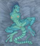  anthro bed blue_body blue_countershading blue_eyes blue_scales breasts clawed_fingers claws countershade_tail countershade_torso countershading female furniture genitals hands_on_knees hands_on_legs head_ridge high-angle_view humanoid_genitalia humanoid_pussy iguanid illegible_signature lizard long_feet looking_at_viewer lying lying_on_bed marker_(artwork) markings nipples non-mammal_breasts on_bed pink_nipples pink_pussy pupils pussy reptile scales scalie signature slit_pupils smile smiling_at_viewer solo spread_legs spreading striped_body striped_legs striped_markings striped_tail stripes sub-tympanic_shield tail tail_anus tail_markings toe_claws traditional_media_(artwork) unknown_artist unknown_artist_signature 