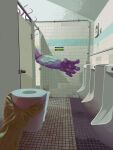  2others bathroom colored_skin gloves highres indoors monster multiple_others original purple_skin tile_floor tile_wall tiles toilet toilet_stall toy(e) yellow_gloves 