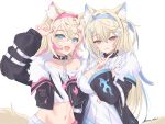  2girls :3 :d animal_ear_fluff animal_ears arm_up belt belt_collar black_collar black_jacket blonde_hair blue_belt blue_eyes blue_hair blush breasts cleavage_cutout clothing_cutout collar cropped_jacket cropped_shirt dog_ears dog_girl dog_tail dress fang flat_chest fur-trimmed_jacket fur_trim fuwawa_abyssgard hair_ornament highres hololive hololive_english jacket large_breasts long_hair looking_at_viewer medium_hair mococo_abyssgard multicolored_hair multiple_girls open_mouth pink_belt pink_eyes pink_hair shirt siblings sisters skin_fang smile spiked_collar spikes streaked_hair tail twins two_side_up varo_006 virtual_youtuber white_background white_dress white_shirt x_hair_ornament 