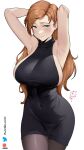  1girl armpits arms_behind_head artist_name black_dress breasts brown_hair cdawgva covered_navel damobelmont dated dress genderswap genderswap_(mtf) green_eyes highres large_breasts long_hair mature_female pantyhose real_life sideboob white_background 