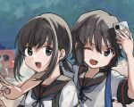  2girls anchor_symbol black_hair black_sailor_collar blue_eyes cellphone commentary fubuki_(kancolle) fubuki_kai_ni_(kancolle) hair_between_eyes highres holding holding_phone kantai_collection kirisawa_juuzou miyuki_(kancolle) miyuki_kai_ni_(kancolle) multiple_girls one_eye_closed open_mouth phone sailor_collar school_uniform serafuku short_hair short_ponytail short_sleeves smartphone smile upper_body 