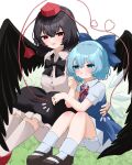  2boys bird_wings black_bow black_bowtie black_footwear black_hair black_skirt black_wings blue_dress blue_hair bow bowtie cirno collared_shirt commentary_request dress hat heart heart_of_string highres knees_up looking_at_another mikan_(manmarumikan) multiple_boys multiple_girls red_eyes red_footwear red_headwear shameimaru_aya shirt short_hair short_sleeves simple_background skirt socks tokin_hat touhou white_background white_shirt white_socks wings 