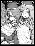  1boy 1girl cape closed_mouth collared_shirt commentary_request evil_smile facial_mark glasses gloves greyscale hair_over_one_eye hat highres jacket kinu_(konoyoha_mtgi) long_hair looking_at_viewer martina_electro master_detective_archives:_rain_code monochrome necktie open_mouth shirt short_hair smile upper_body yomi_hellsmile 