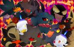  :d banette black_eyes blue_fire candy closed_mouth commentary drifloon fangs fire flame food gastly halloween happy_halloween houndour litwick lollipop looking_down misdreavus murkrow no_humans open_mouth pokemon pokemon_(creature) poochyena smile tongue tongue_out yajuuraku yellow_eyes zorua 