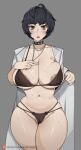  1girl ahoge areola_slip bikini black_hair blush bob_(bobtheneet) breasts brown_eyes choker cleavage coat collarbone grey_background highres jewelry large_areolae large_breasts navel necklace parted_lips persona persona_5 plump short_hair simple_background skindentation solo standing sweat swimsuit takemi_tae white_coat 