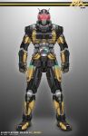  1boy armor armored_legwear black_armor character_name chinese_commentary clenched_hands commentary_request full_armor full_body glowing glowing_eyes grey_background highres kamen_rider kamen_rider_black_rx_(series) red_eyes rider_belt roborider robot simple_background standing v-fin xiangzi_box yellow_armor 