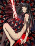 1girl black_hair blood blood_from_mouth e.g.o_(project_moon) extra_eyes fkrnnmr grin highres limbus_company long_hair nude project_moon red_eyes ryoshu_(limbus_company) smile solo spider_bud stab sword very_long_hair weapon 