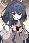  1girl absurdres black_hair blue_archive cardigan coffee cup grey_cardigan hair_between_eyes hairband halo highres holding holding_cup kokolokokomika long_hair long_sleeves open_mouth purple_eyes purple_hairband smile solo ui_(blue_archive) upper_body 