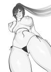  1girl artist_name ass_visible_through_thighs bikini bikini_bottom_only brassica breasts commission from_below greyscale highres large_breasts long_eyelashes long_hair monochrome navel nipples original ponytail side-tie_bikini_bottom sidelocks solo swimsuit topless 