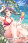  1girl :d alternate_costume armpits barefoot beach bikini bikini_top_only blue_sky breasts collarbone comiket_102 commentary_request cup dark_green_hair denim denim_shorts eyewear_on_head feet flower foreshortening green_eyes hair_flower hair_ornament hammock highres holding holding_cup kantai_collection long_hair looking_at_viewer minakami_nagara nail_polish ocean outdoors palm_leaf pink_nails red_bikini removing_sunglasses shorts sky small_breasts smile soles solo star-shaped_eyewear sunglasses swimsuit toenail_polish toenails toes tropical_drink twintails zuikaku_(kancolle) 