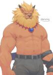  abs absurd_res bandai_namco beard belt blonde_hair bottomwear bulge clothed clothing digimon digimon_(species) facial_hair frown hair hi_res jewelry leomon male mane navel nipples omelet42 pants pecs scar solo topless 