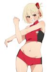  1girl black_sports_bra blonde_hair breasts buruma commentary_request grin hair_ribbon highres lycoris_recoil navel nishikigi_chisato red_buruma red_eyes red_ribbon red_sports_bra ribbon sakura_1110ssmm short_hair smile solo sports_bra stretching two-tone_sports_bra white_background 