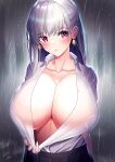  1girl absurdres breasts cleavage clothes_lift fate/grand_order fate_(series) highres kama_(fate) large_breasts lee-taro open_clothes purple_eyes purple_hair rain see-through see-through_shirt shirt_lift solo water water_drop wet wet_clothes wet_hair 