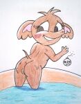  anthro bing_(series) blush blush_lines brown_body butt cartoon_network elephant elephantid female genitals looking_back mammal nude outside pool proboscidean pussy reddragonkan smile solo sula_(bing) traditional_media_(artwork) trunk water 