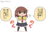  1girl anchor_symbol black_sailor_collar black_skirt black_thighhighs brown_eyes brown_hair chibi commentary_request fang full_body goma_(yoku_yatta_hou_jane) holding holding_pom_poms ikazuchi_(kancolle) kantai_collection neckerchief open_mouth pleated_skirt pom_pom_(cheerleading) red_neckerchief sailor_collar short_hair simple_background skin_fang skirt solo standing thighhighs translation_request twitter_username wavy_mouth white_background 