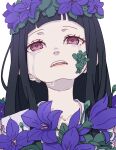  1girl absurdres bad_anatomy bad_neck black_hair blunt_bangs collarbone crying crying_with_eyes_open flower hair_flower hair_ornament highres houraisan_kaguya kame_(kamepan44231) long_hair open_mouth pink_shirt portrait purple_flower red_eyes shirt sidelocks simple_background solo tears touhou white_background 