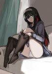  1girl black_hair blue_eyes commentary couch english_commentary hairband highres jonyeld legs long_hair looking_at_viewer multicolored_hair no_shoes on_couch panties pantyhose red_hair school_uniform skirt solo thighs tohno_akiha tsukihime underwear white_hairband white_panties 