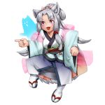  1girl :3 animal_ears beads blush breasts clenched_hand commentary_request curtained_hair daozoh_daizoh flower_knot fox_ears full_body genba_neko_(meme) ghost grey_hair hagoromo hair_beads hair_ornament high_ponytail japanese_clothes kimono large_breasts layered_clothes layered_kimono long_hair long_sleeves meme nhk_(voiceroid) obi obijime okobo open_mouth pointing red_eyes sash shawl short_kimono sidelocks simple_background smile solo standing standing_on_one_leg tabi touhoku_itako v-shaped_eyebrows very_long_hair voiceroid white_background 