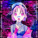  1girl :o album_cover black_bra blue_nails bra breasts cleavage cover ear_piercing earrings glitch goggles goggles_on_head hand_up highres jacket jewelry looking_at_viewer nail_polish narume off_shoulder official_art open_mouth original piercing pink_eyes pink_hair pink_jacket pixel_art see-through see-through_shirt short_hair single_earring small_breasts solo tongue tongue_out turtleneck underwear upper_body 