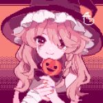  1girl ahiru_tokotoko black_headwear blonde_hair braid closed_mouth commentary frilled_hat frills halloween hat highres kirisame_marisa long_hair looking_at_viewer orange_background orange_nails pixel_art purple_nails side_braid signature single_braid smile solo touhou upper_body witch_hat yellow_eyes 