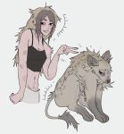  body_hair clothed clothing daisypinkpaws ear_piercing female feral fur human hyena looking_at_viewer mammal piercing pubes pubic_mound scruffy shirt smile smiling_at_viewer solo sweatpants tank_top topwear 
