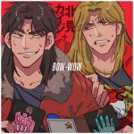  2boys absurdres black_hair black_shirt blonde_hair blue_eyes bomber_jacket border bright_pupils brown_jacket card chain chain_necklace clenched_teeth commentary_request dragon_print gold_chain grin hand_on_another&#039;s_shoulder highres inudori itou_kaiji jacket jewelry kaiji kitami_(kaiji) long_hair looking_at_another looking_to_the_side male_focus medium_bangs multiple_boys necklace parted_bangs playing_card print_shirt red_background red_eyes red_jacket shirt simple_background smile star_(symbol) sweat teeth translation_request undershirt upper_body white_border white_pupils 