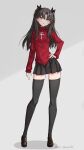  1girl black_hair black_skirt black_thighhighs blue_eyes fate/stay_night fate_(series) full_body hand_on_own_hip highres long_hair long_sleeves looking_at_viewer red_sweater skirt solo standing sweater takanashi_kei_(hitsujikan) thighhighs tohsaka_rin twitter_username two_side_up zettai_ryouiki 