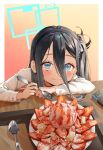  1girl absurdly_long_hair absurdres aris_(blue_archive) black_hair blue_archive blue_eyes blue_halo blush closed_mouth food fruit halo highres jhigf long_hair long_sleeves smile solo spoon strawberry very_long_hair 