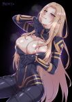  1girl alpha_(kage_no_jitsuryokusha_ni_naritakute!) areola_slip artist_name belt black_bodysuit blonde_hair blush bodysuit bodysuit_pull breasts commentary_request covered_navel elf english_commentary grin highres kage_no_jitsuryokusha_ni_naritakute! large_breasts long_hair looking_at_viewer mibry_(phrysm) mixed-language_commentary pointy_ears smile solo steaming_body sweat thigh_belt thigh_strap very_long_hair 