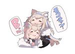  2girls animal_ear_fluff animal_ears bandaid_hair_ornament belt_collar black_collar black_jacket blonde_hair blue_hair blush closed_eyes collar dog_ears dog_girl dress fur-trimmed_jacket fur_trim fuwawa_abyssgard hair_ornament hairband hairclip headphones headphones_around_neck hololive hololive_english jacket long_hair medium_hair mococo_abyssgard multicolored_hair multiple_girls open_mouth pink_hair shimazaki1152 shirt short_hair siblings simple_background sisters speech_bubble streaked_hair twins virtual_youtuber white_background white_dress white_shirt x_hair_ornament 